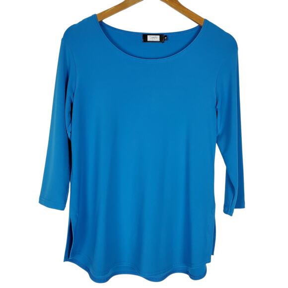 Sympli Top Size 8 Blue 3/4 Sleeve Round Neck Side Slits Stretch Travel Pullover - Picture 1 of 11
